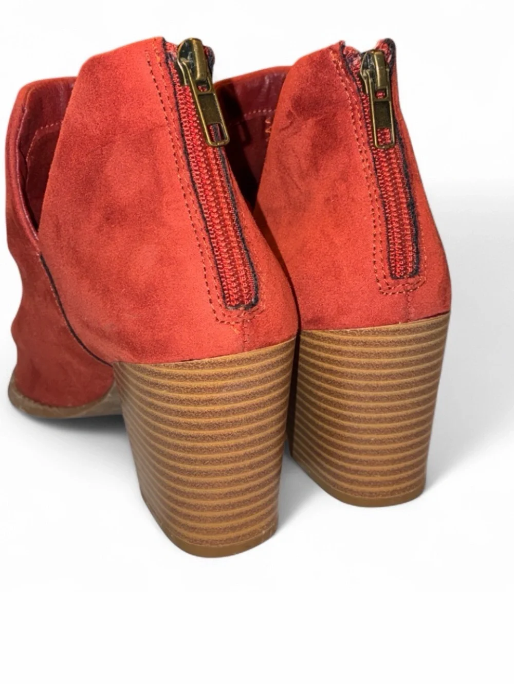 Sun + Stone Orange Suede V-Cut Block Heel Booties